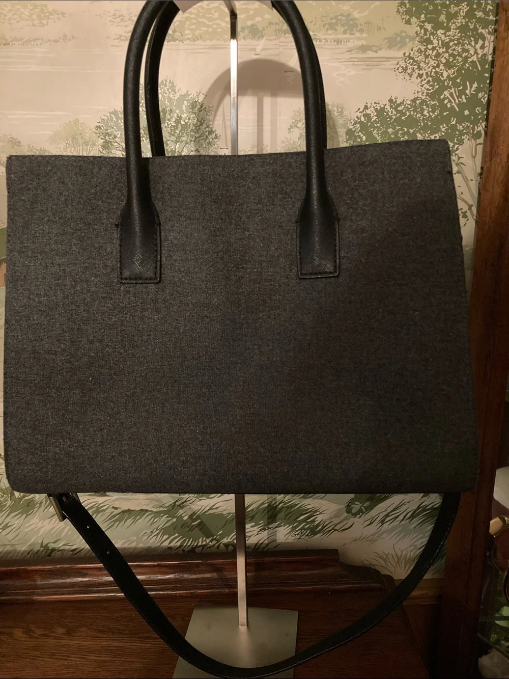 KATE SPADE EUC Cameron Street Candace Black Leather &Gray Wool 2-way Satchel Bag